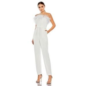 Mac Duggal Strapless Jumpsuit with Feather Trim in White, Size 4